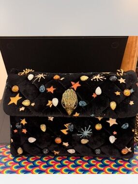 Kurt Geiger Galaxy Black Velvet Embellished Star Quilted Shoulder Bag